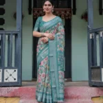 Stunning Teal Green With Vibrant Floral Printed Linen Saree