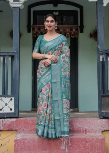Stunning Teal Green With Vibrant Floral Printed Linen Saree