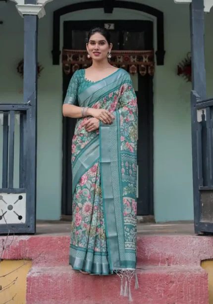 Stunning Teal Green With Vibrant Floral Printed Linen Saree