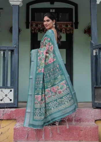 Stunning Teal Green With Vibrant Floral Printed Linen Saree