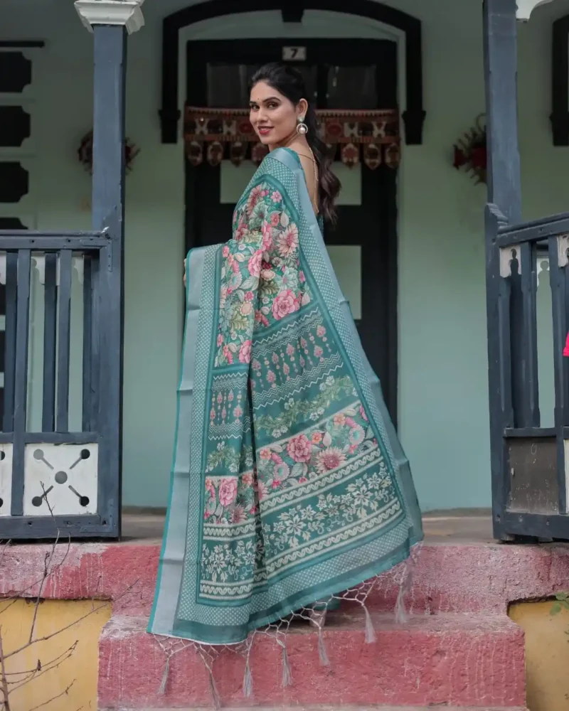 Stunning Teal Green With Vibrant Floral Printed Linen Saree