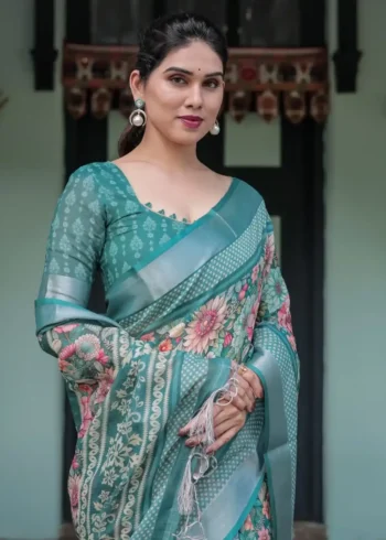 Stunning Teal Green With Vibrant Floral Printed Linen Saree