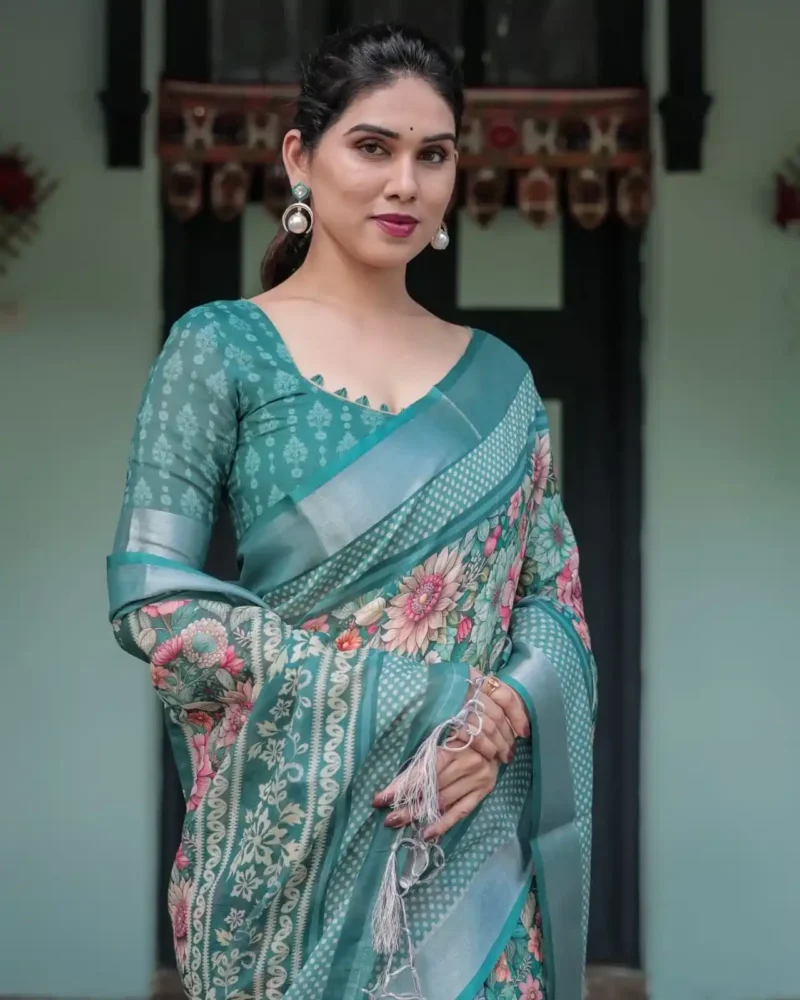 Stunning Teal Green With Vibrant Floral Printed Linen Saree
