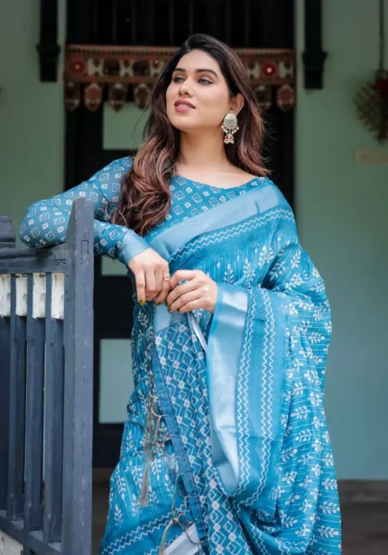 Stunning Turquoise Blue Pure Linen Saree