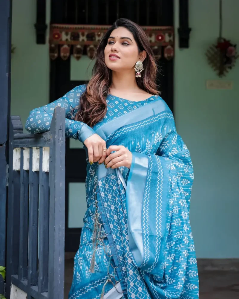 Stunning Turquoise Blue Pure Linen Saree