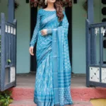 Stunning Turquoise Blue Pure Linen Saree
