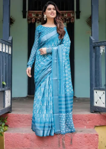 Stunning Turquoise Blue Pure Linen Saree