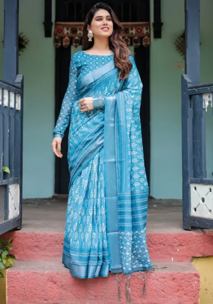 Stunning Turquoise Blue Pure Linen Saree