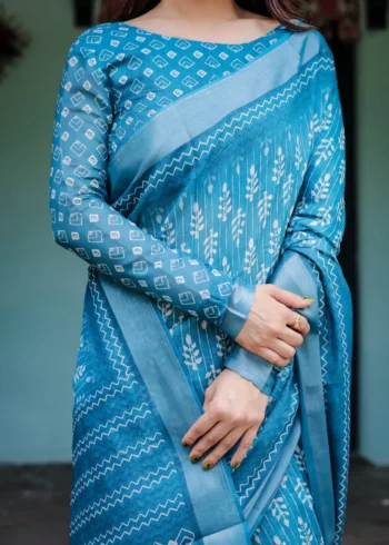 Stunning Turquoise Blue Pure Linen Saree