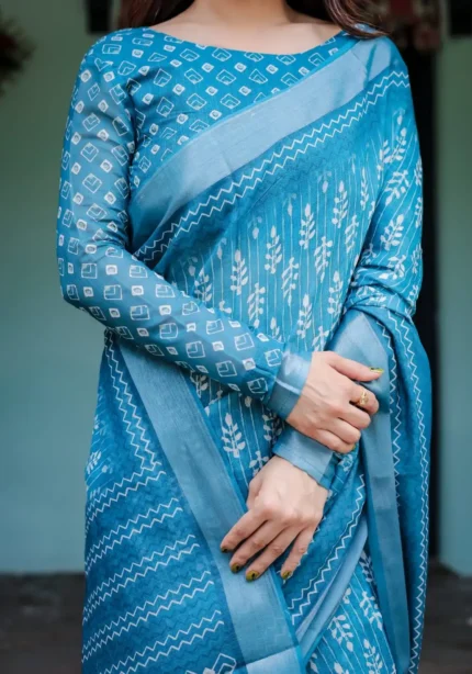 Stunning Turquoise Blue Pure Linen Saree