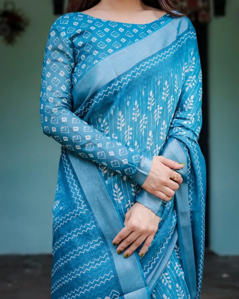 Stunning Turquoise Blue Pure Linen Saree