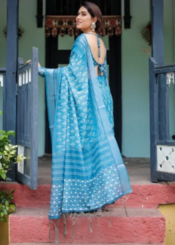 Stunning Turquoise Blue Pure Linen Saree