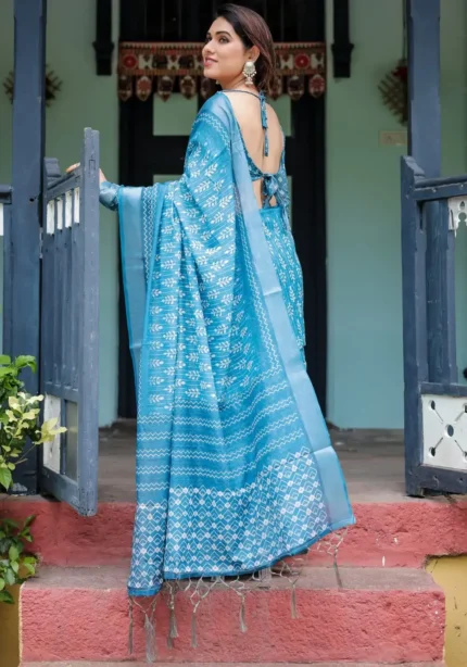 Stunning Turquoise Blue Pure Linen Saree