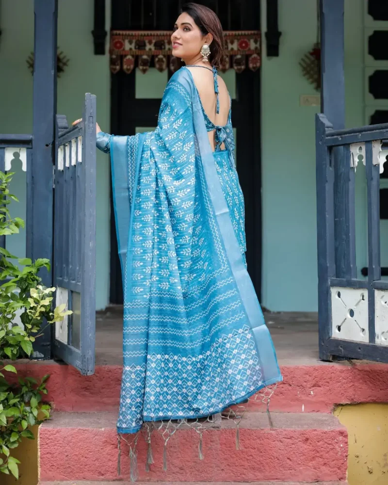 Stunning Turquoise Blue Pure Linen Saree