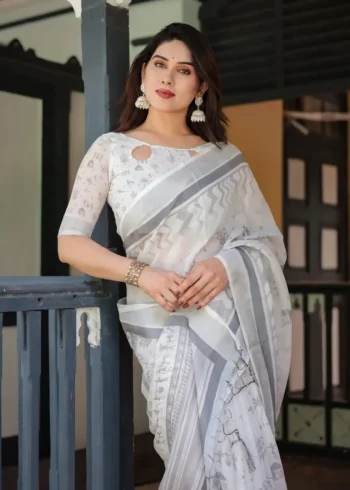 Subtle Grey Tribal and Nature Inspired Motifs Pure Linen Saree