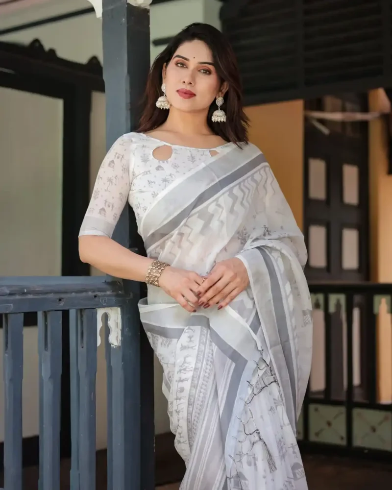 Subtle Grey Tribal and Nature Inspired Motifs Pure Linen Saree