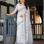 Subtle Grey Tribal and Nature Inspired Motifs Pure Linen Saree