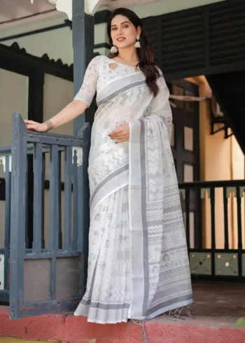 Subtle Grey Tribal and Nature Inspired Motifs Pure Linen Saree