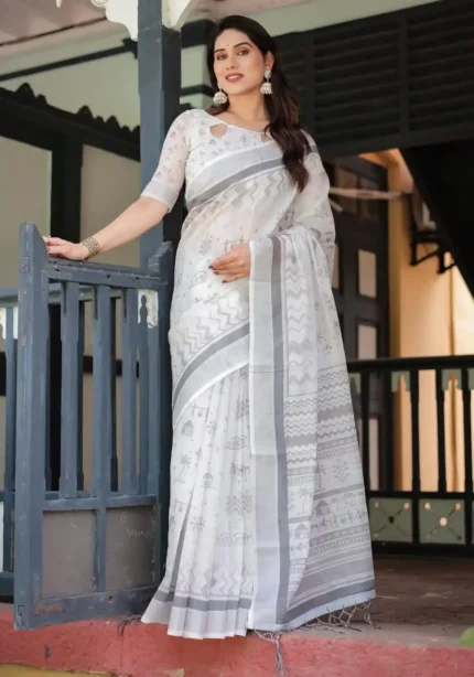 Subtle Grey Tribal and Nature Inspired Motifs Pure Linen Saree