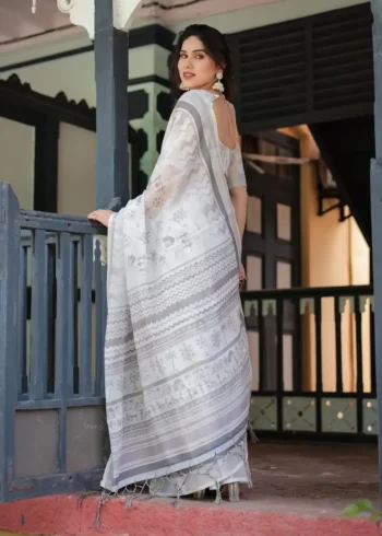 Subtle Grey Tribal and Nature Inspired Motifs Pure Linen Saree