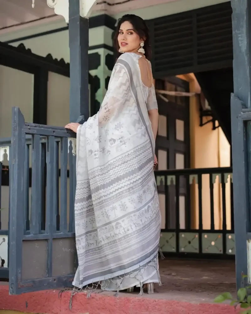 Subtle Grey Tribal and Nature Inspired Motifs Pure Linen Saree