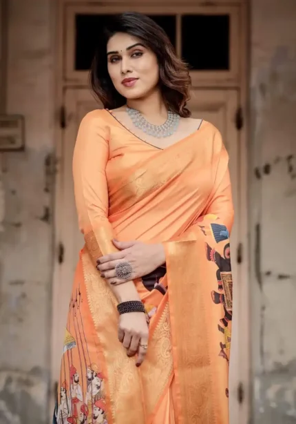 Sunset Orange Rajasthani Procession Digital Printed Tussar Silk Saree