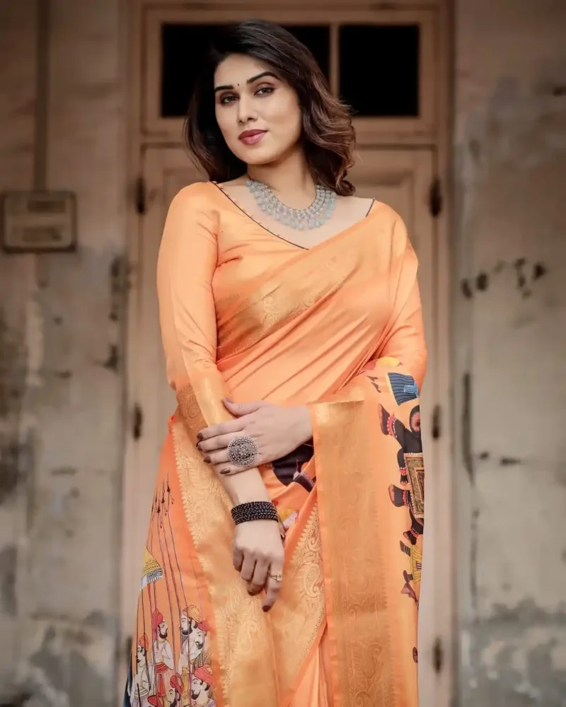 Sunset Orange Rajasthani Procession Digital Printed Tussar Silk Saree