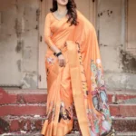 Sunset Orange Rajasthani Procession Digital Printed Tussar Silk Saree