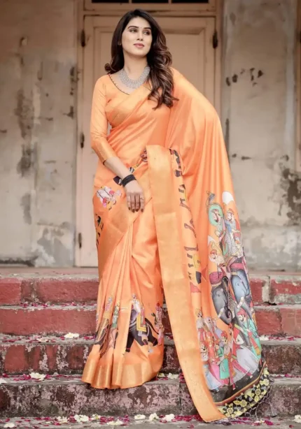 Sunset Orange Rajasthani Procession Digital Printed Tussar Silk Saree