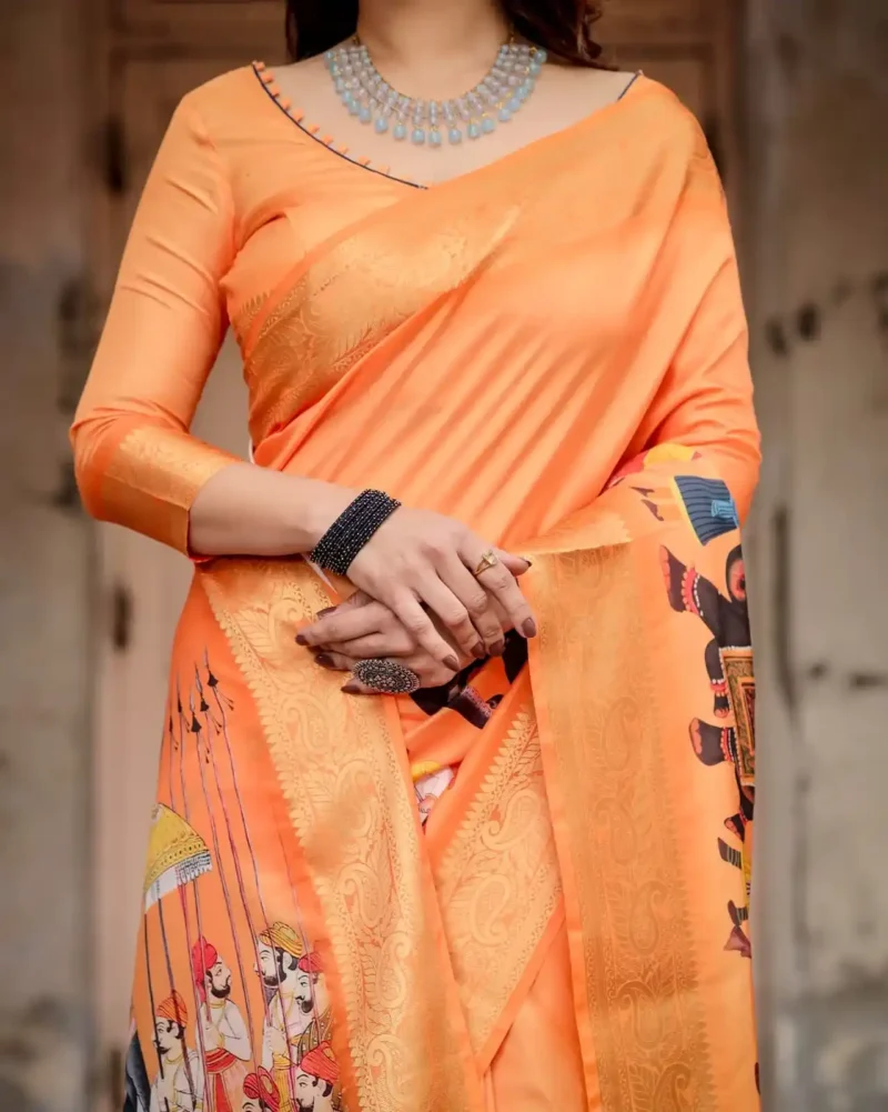 Sunset Orange Rajasthani Procession Digital Printed Tussar Silk Saree