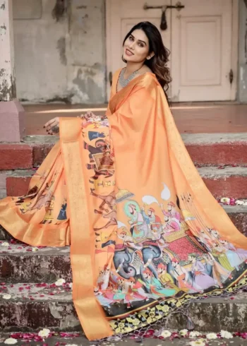 Sunset Orange Rajasthani Procession Digital Printed Tussar Silk Saree