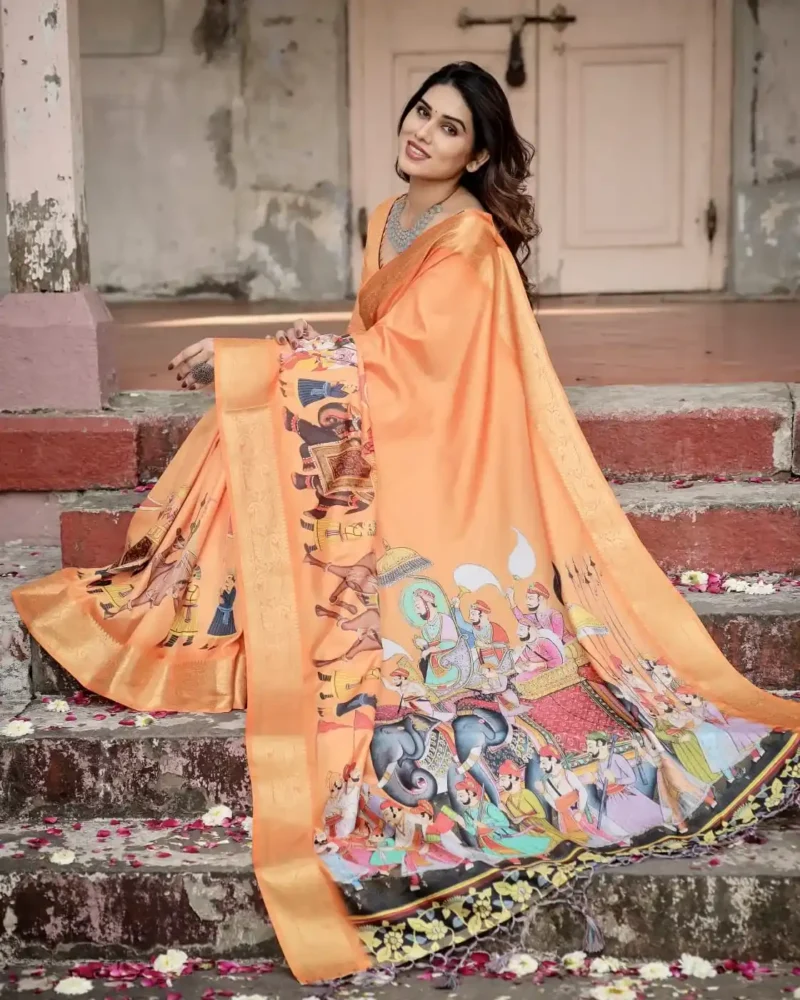 Sunset Orange Rajasthani Procession Digital Printed Tussar Silk Saree