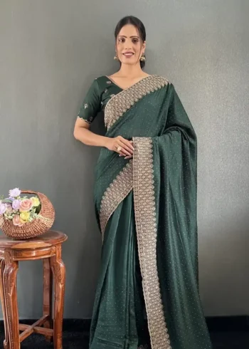 Swarovski Work Vichitra Silk Wedding Wear Saree