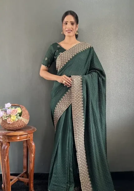 Swarovski Work Vichitra Silk Wedding Wear Saree