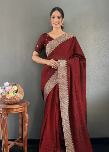 Swarovski Work Vichitra Silk Wedding Wear Saree
