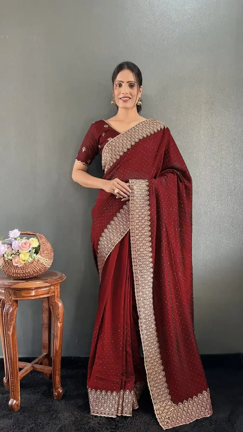Swarovski Work Vichitra Silk Wedding Wear Saree
