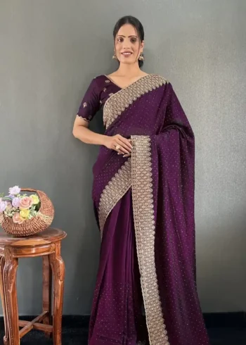 Swarovski Work Vichitra Silk Wedding Wear Saree