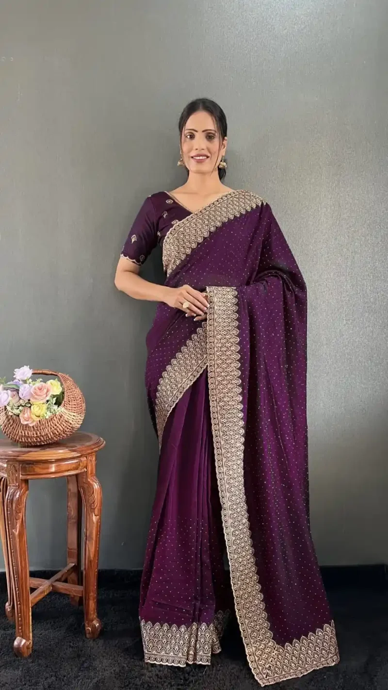 Swarovski Work Vichitra Silk Wedding Wear Saree