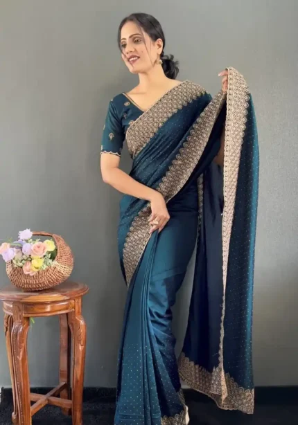 Swarovski Work Vichitra Silk Wedding Wear Saree