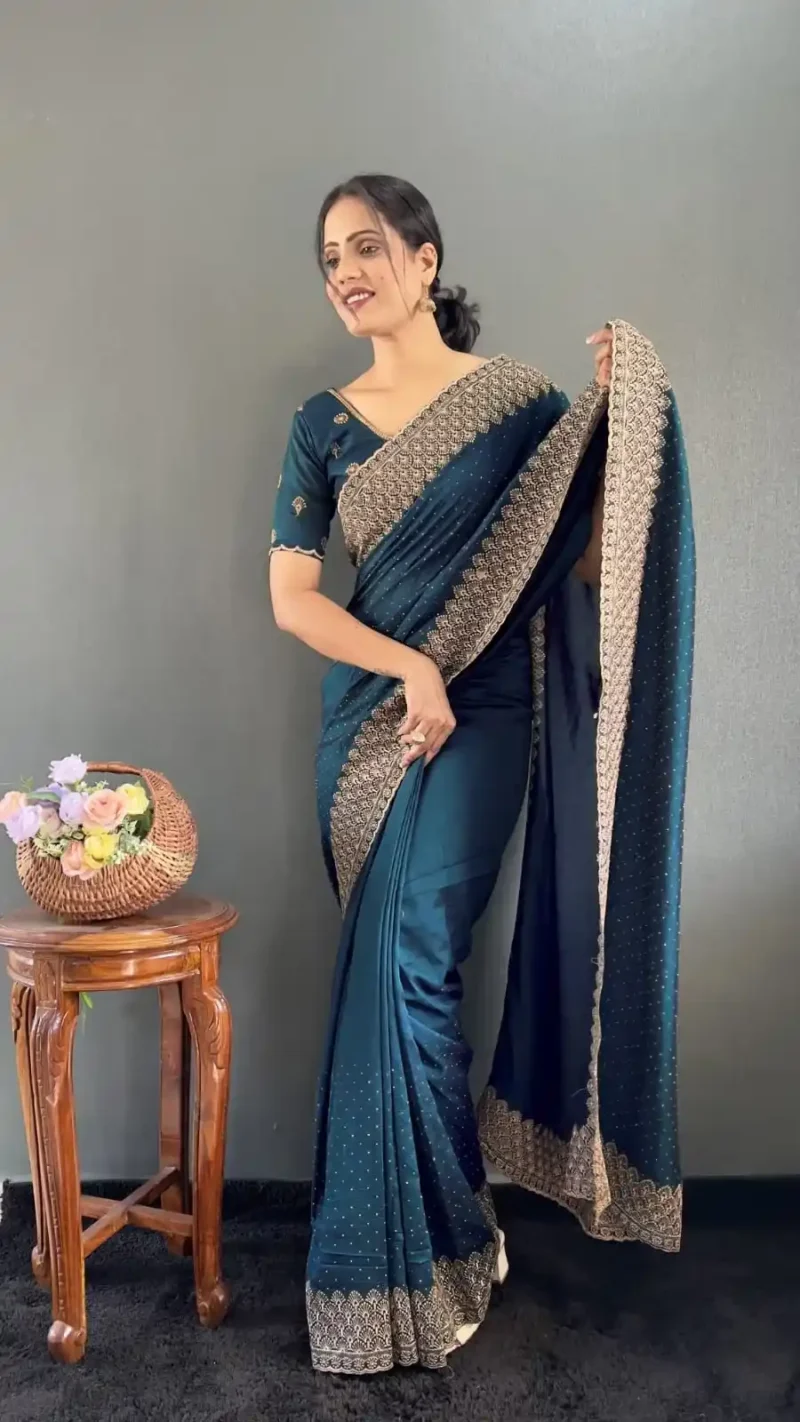 Swarovski Work Vichitra Silk Wedding Wear Saree