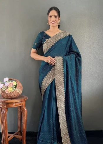 Swarovski Work Vichitra Silk Wedding Wear Saree