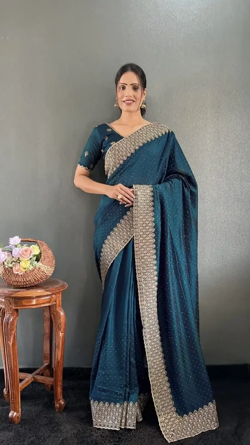 Swarovski Work Vichitra Silk Wedding Wear Saree