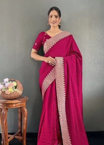 Swarovski Work Vichitra Silk Wedding Wear Saree