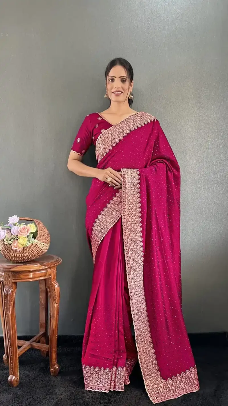 Swarovski Work Vichitra Silk Wedding Wear Saree