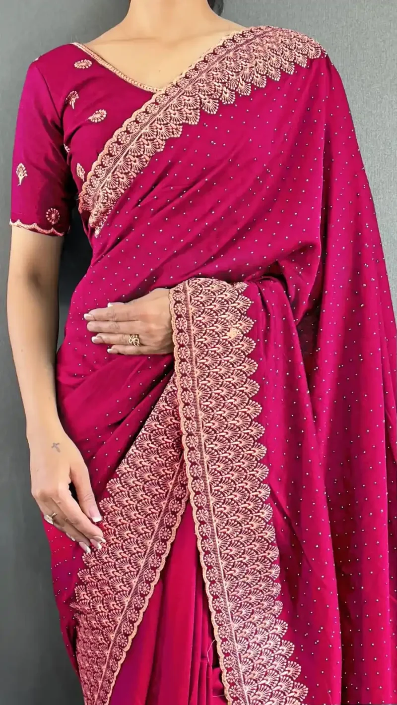 Swarovski Work Vichitra Silk Wedding Wear Saree