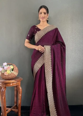 Swarovski Work Vichitra Silk Wedding Wear Saree