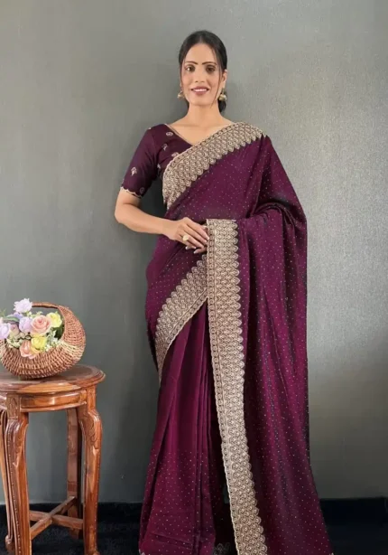 Swarovski Work Vichitra Silk Wedding Wear Saree