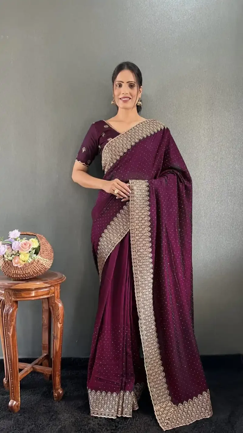 Swarovski Work Vichitra Silk Wedding Wear Saree