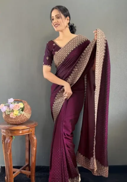 Swarovski Work Vichitra Silk Wedding Wear Saree