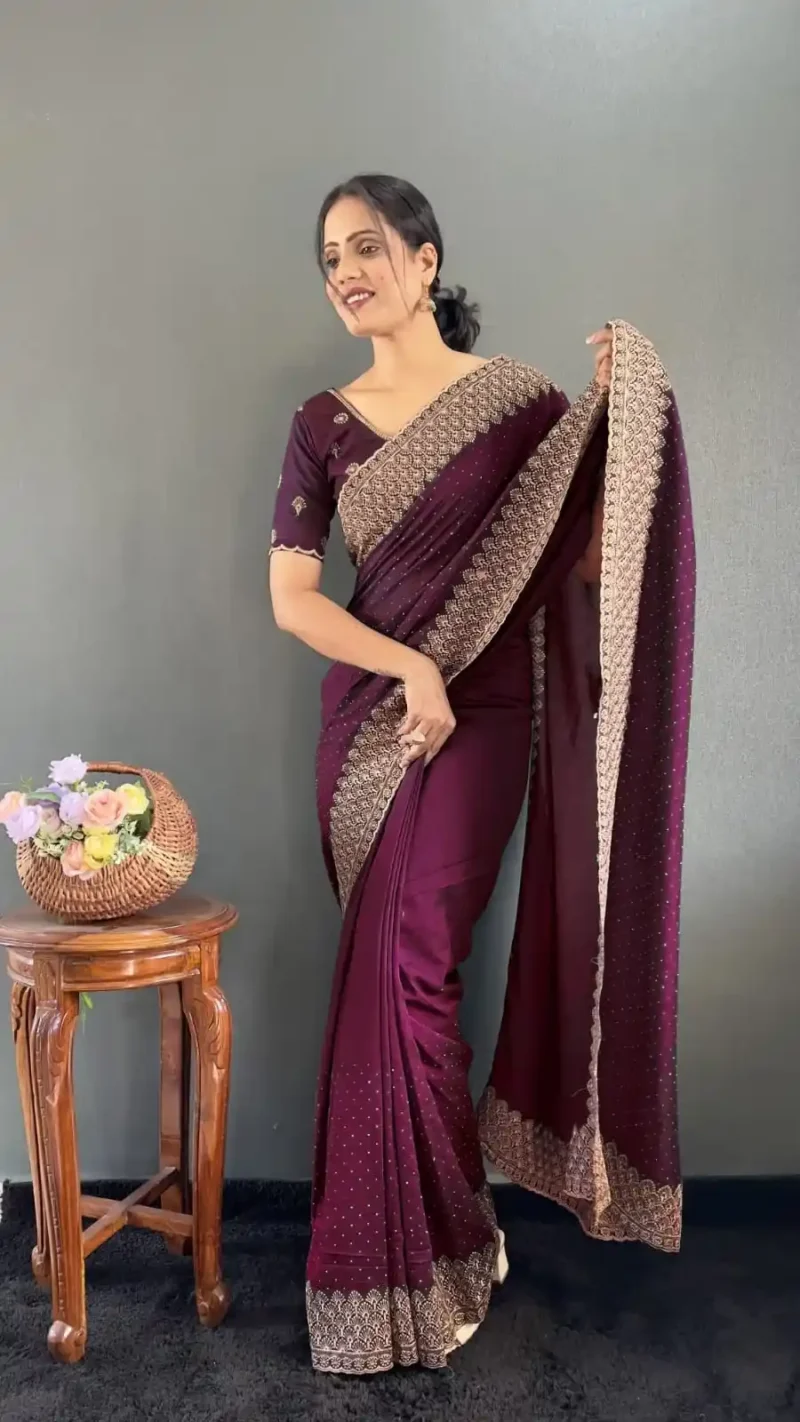 Swarovski Work Vichitra Silk Wedding Wear Saree